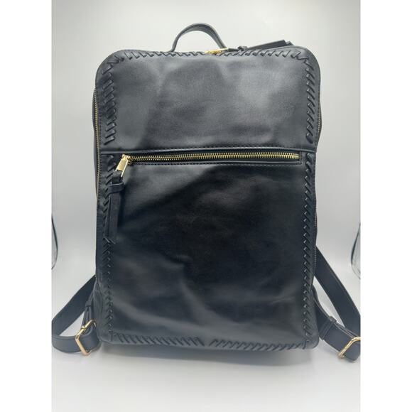 Moda Luxe Faux Leather Laptop Backpack, Black with Whipstitched Trim - Picture 1 of 6